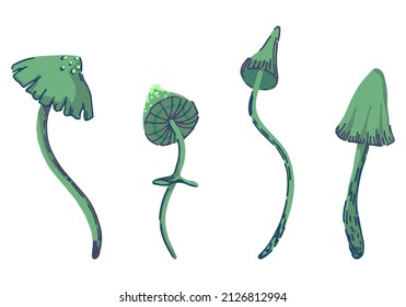 Poison mushrooms, fungus in abstract style. Modern cliparts isolated on white background. Contemporary vector illustration set.