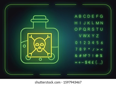 Poison neon light icon. Hazardous chemicals. Green poison in bottle. Organic chemistry. Poisonous and harmful substance. Glowing sign with alphabet, numbers and symbols. Vector isolated illustration