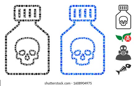 Poison phial composition of filled circles in different sizes and color hues, based on poison phial icon. Vector filled circles are composed into blue illustration.