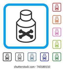 Poison Phial icon. Flat gray iconic symbol inside a light blue rounded squared frame. Black, gray, green, blue, red, orange color versions of Poison Phial vector.