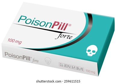 POISON PILL FORTE with a skull as brand logo on the remedy box. It is a medical fake product. Vector illustration.