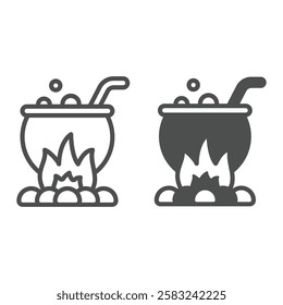 Poison pot line and solid icon, halloween concept. Vector graphics. Cauldron with potion on fire sign on white background, outline style icon for mobile or web design