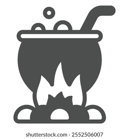 Poison pot solid icon, halloween concept. Vector graphics. Cauldron with potion on fire sign on white background, glyph style icon for mobile or web design