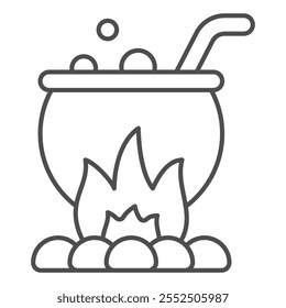 Poison pot thin line icon, halloween concept. Vector graphics. Cauldron with potion on fire sign on white background, outline style icon for mobile or web design