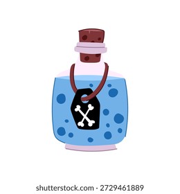 Poison potion bottle containing bright blue liquid with bubbles, featuring a cork stopper and a black tag displaying a white skull and crossbones symbol, representing danger and toxicity