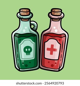 poison and potion bottles isolated colored drawing line art style sketch classic vintage design illustration