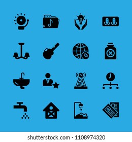 poison, rack, guitar protector, shower, antenna, sink, news paper, time and alarm vector icon. Simple icons set