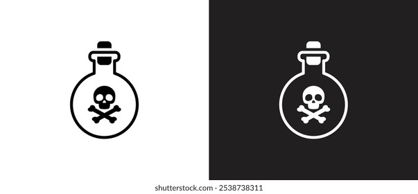 Poison round bottle icon, Hazmat Label on packaging bottle. Poison Bottle, dangerous material sign vector icon. Chemical bottle with label danger sign illustration on black and white background.