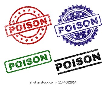 POISON seal prints with corroded surface. Black, green,red,blue vector rubber prints of POISON caption with grunge surface. Rubber seals with circle, rectangle, medal shapes.