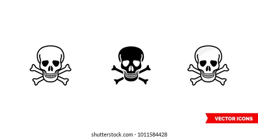 Poison sign skull and crossbones icon of 3 types: color, black and white, outline. Isolated vector sign symbol.