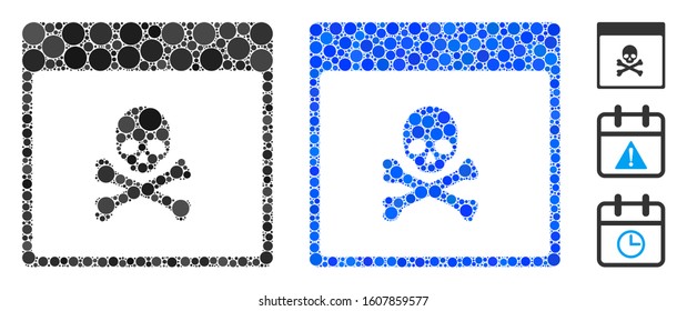 Poison skull calendar page composition of round dots in variable sizes and color tones, based on poison skull calendar page icon. Vector round dots are composed into blue illustration.