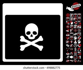Poison Skull Calendar Page icon with bonus calendar and time management pictograph collection. Vector illustration style is flat iconic symbols, red and white, black background.