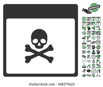 Poison Skull Calendar Page icon with bonus calendar and time management graphic icons. Vector illustration style is flat iconic symbols, green and gray, white background.