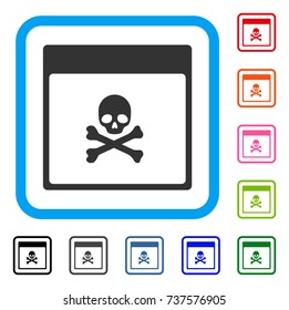 Poison Skull Calendar Page icon. Flat grey iconic symbol inside a light blue rounded rectangular frame. Black, gray, green, blue, red, orange color versions of Poison Skull Calendar Page vector.