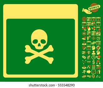 Poison Skull Calendar Page pictograph with bonus calendar and time management images. Vector illustration style is flat iconic symbols, orange and yellow, green background.