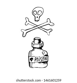 Poison, Skull and crossbones icon sign. Hand drawn doodle vector illustration isolated on white background