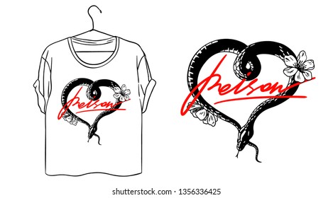 Poison slogan. Snake and heart typography graphic print, fashion drawing for t shirt 