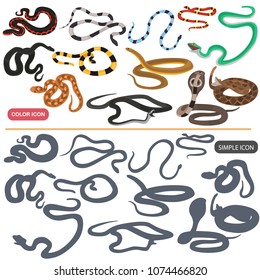 Poison snakes color flat and simple icons set