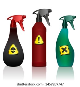 Poison Spray Bottles. Toxins, Insecticides, Pesticides, Biocides With Hazard Warning Signs. Caution Poisonous. Isolated Vector On White Background.
