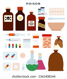 Poison, toxic substances, meds, liquids in plastic and glass jars. Tablets, capsules, powders in different forms. Flasks with liquids, various packages of poison substances. Vector illustration.