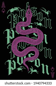 Poison t-shirt print design with snake and spider illustration