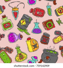 Poison vector box and glass bottle chemical flask toxic magic elixir poisoning substance dangerous toxin magic drug container illustration seamless pattern background