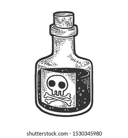 Poison venom bottle with skull and crossbones sketch engraving vector illustration. T-shirt apparel print design. Scratch board style imitation. Black and white hand drawn image.