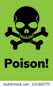 Poison! Vertical poster with skull and bones isolated on green background. Vector stock illustration.