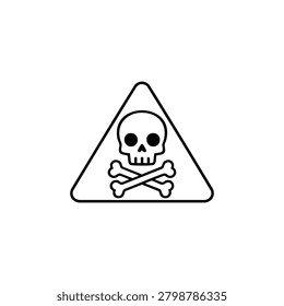 Poison warning, poison warning triangle with skull and crossed bones, black and white vector outline icon for lethal danger hazard
