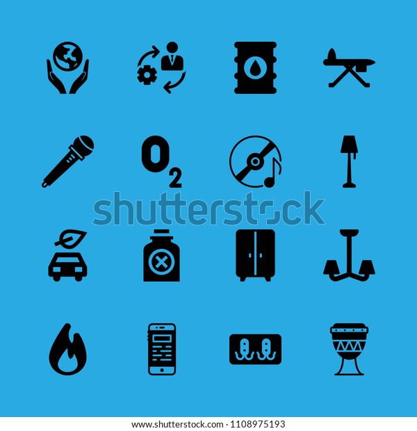 poison,\
world in your hands, fire, electric car, drum, ironing board, lamp,\
closet and oxygen vector icon. Simple icons\
set