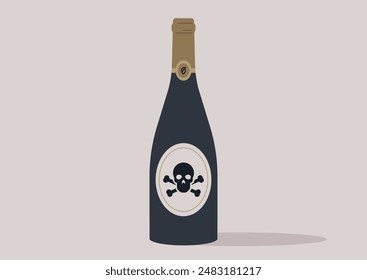 The Poisoned drink, A simple illustration of a wine bottle with a skull and crossbones warning label, indicating its toxic nature