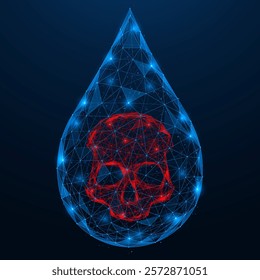 Poisoned liquid, a drop of poison. Polygonal design of interconnected lines and dots. Blue background.