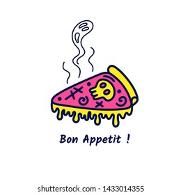 Poisoned pizza icon with the phrase Bon Appetite. Cute Halloween card in doodle style. Vector illustration.