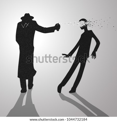 Poisoning by lethal VX nerve agent. Noir sneaky spy attacks his victim with extremely toxic synthetic chemical compound. Dirty spray blows someone's head off. Grim metaphor. Vector grainy silhouettes.