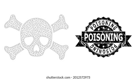 Poisoning grunge stamp seal and vector death skull mesh structure. Black seal includes Poisoning caption inside ribbon and rosette. Abstract 2d mesh death skull, created from flat mesh.