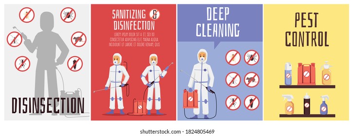 Poisoning insects service horizontal picture. Exterminators providing disinsection and pest control with deep cleaning, flat cartoon vector illustration