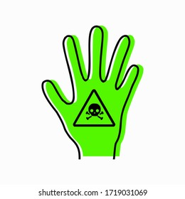 Poisoning a person. Intoxication of limbs. Contour silhouette of hand with poison icon and green silhouette on white background. Danger of exposure. Vector object for icons, logos, infographics 