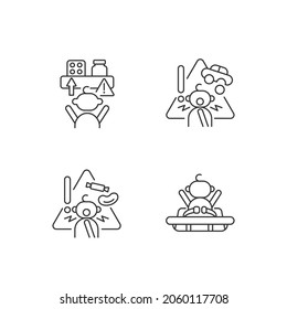 Poisoning and suffocation prevention linear icons set. Choking hazard food and toys. Child safety. Customizable thin line contour symbols. Isolated vector outline illustrations. Editable stroke