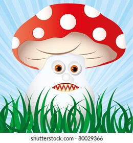 Poisonous amanita waits for it`s victims in the grass in forest, vector illustration