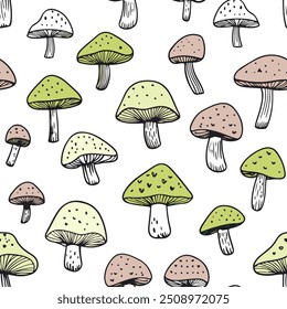 Poisonous bright mushrooms seamless pattern. Vector endless ornament.