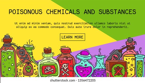 Poisonous chemicals and substances banner vector illustration. Different containers for liquids oil, biofuel, explosive, chemical, radioactive, flammable and poisonous liquids.