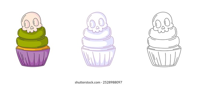 Cupcake venenoso con cráneo, colorido y línea de iconos establecidos. Espeluznante postre de Halloween. Vector plano icono, monocromo púrpura, color, ilustración de contorno. Para el logotipo, etiqueta engomada, libro para colorear, etiqueta, impresión