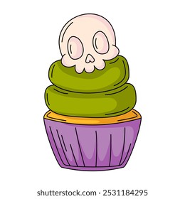 Poisonous cupcake with skull. Spooky Halloween dessert. Vector flat simple element, color illustration. For logo, sticker, print, web design, scrapbooking