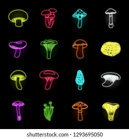 Poisonous and edible mushroom neon icons in set collection for design. Different types of mushrooms vector symbol stock web illustration.