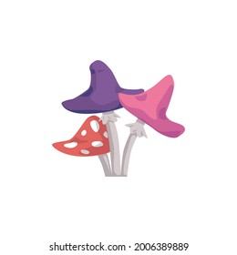 Poisonous fantasy magic mushrooms cartoon colourful icon, flat vector illustration isolated on white background. Fantasy fungus for witches potion sign or symbol.