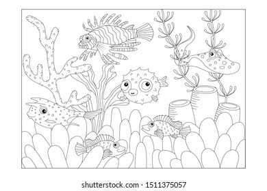 Poisonous fish: boxfish, lionfish, Stingray, Blowfish, sea bass. Children's picture coloring. Vector