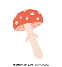 Poisonous fly agaric or amanita. Cute mushroom with red hat and white spots. Hand-drawn colored flat vector illustration isolated on white background.