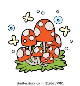 Poisonous fly agaric with magic lights on grass color variation for coloring page isolated on white background