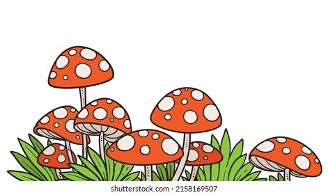 Poisonous fly agaric many mushrooms in the grass color variation for coloring page isolated on white background