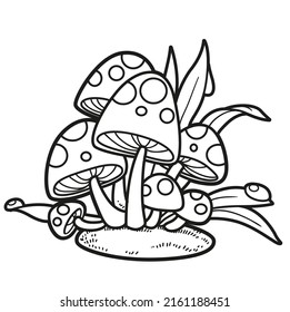 Poisonous fly agaric on moss and grass with dew linear drawing for coloring isolated on white background